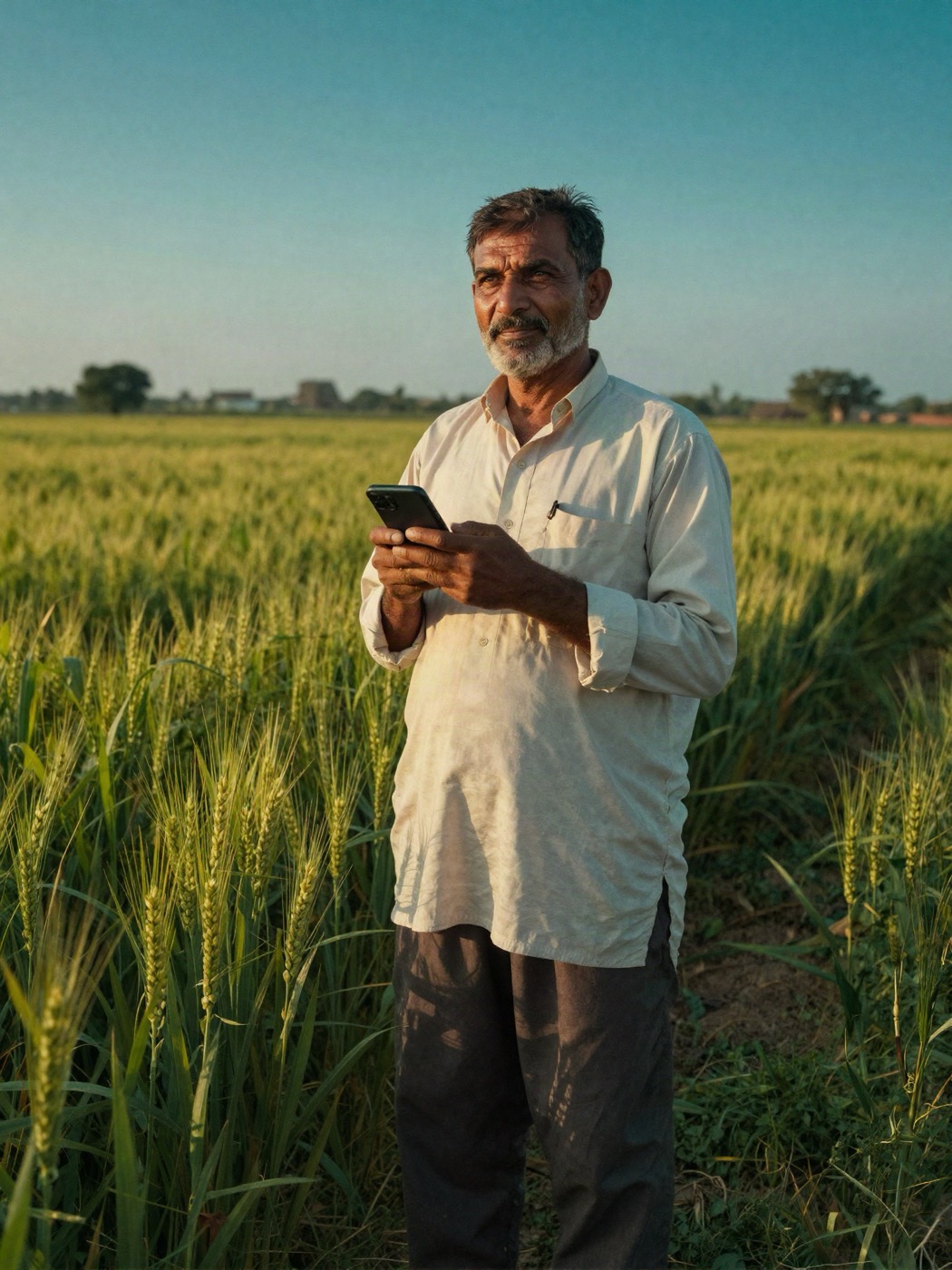 Farmer in a field using a phone