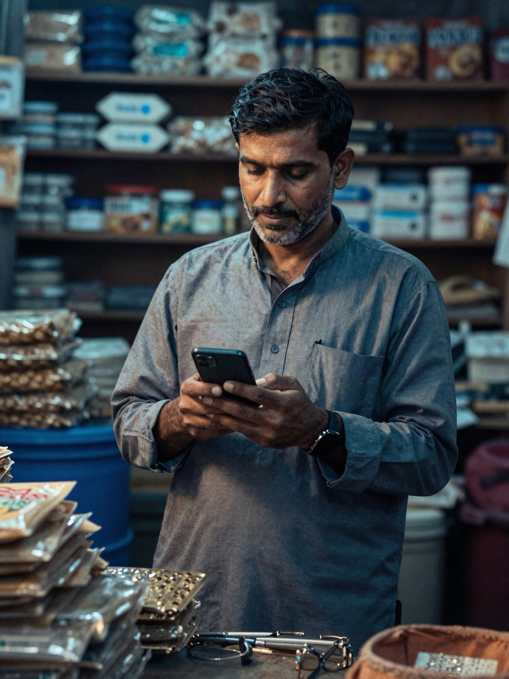 Shopkeeper using a phone in a market
